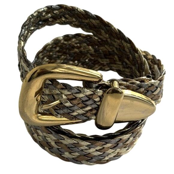 Tri-Color Small Gold Silver Bronze Metallic Braided /Woven Belt Gold Tone Buckle - Picture 1 of 9